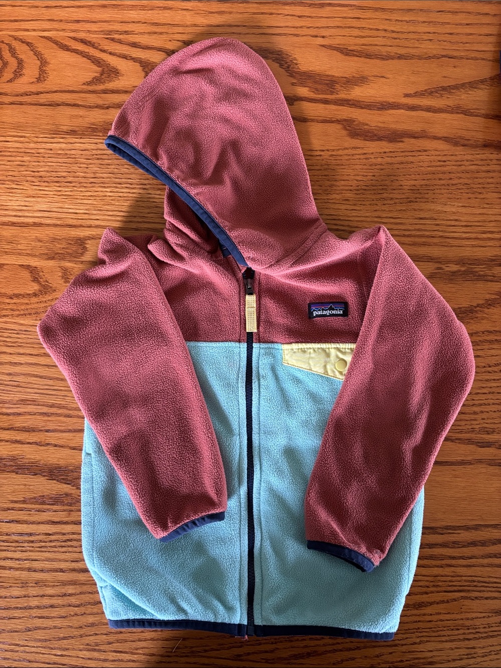 Patagonia Kids Hooded Colorblock Fleece Jacket - Rust, Teal & Navy Blue Trim 4T